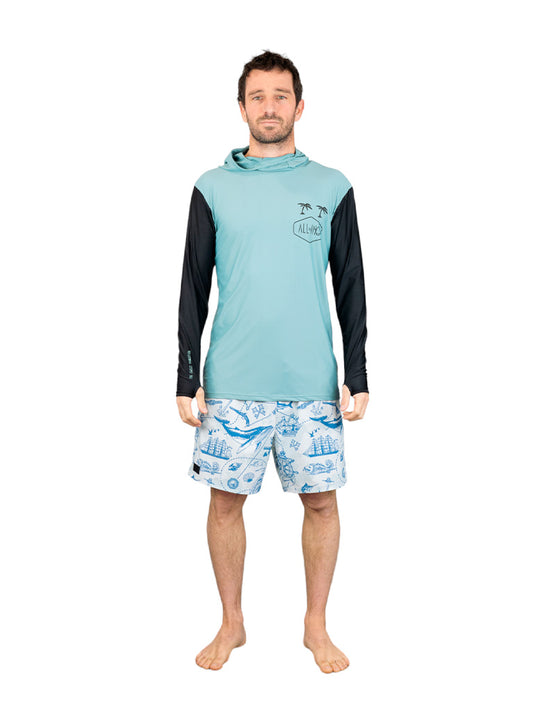 Heren surf lycra met capuchon - Blauwgroen