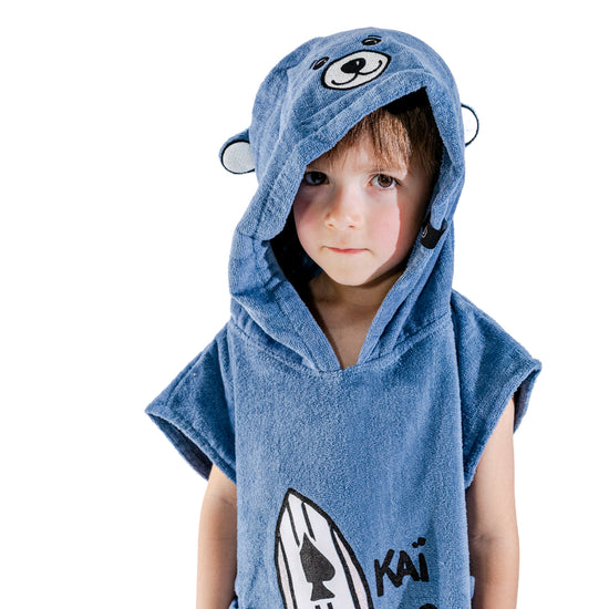 Poncho surf bébé ALL-IN Kaï Surf Blue capuche avec oreilles, illustration Kaï et sa planche, 2-6 ans