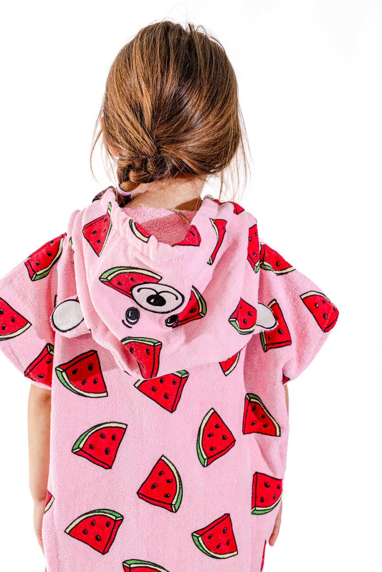 Dos du poncho surf enfant ALL-IN Watermelon, capuche avec oreilles décoratives, motif pastèques